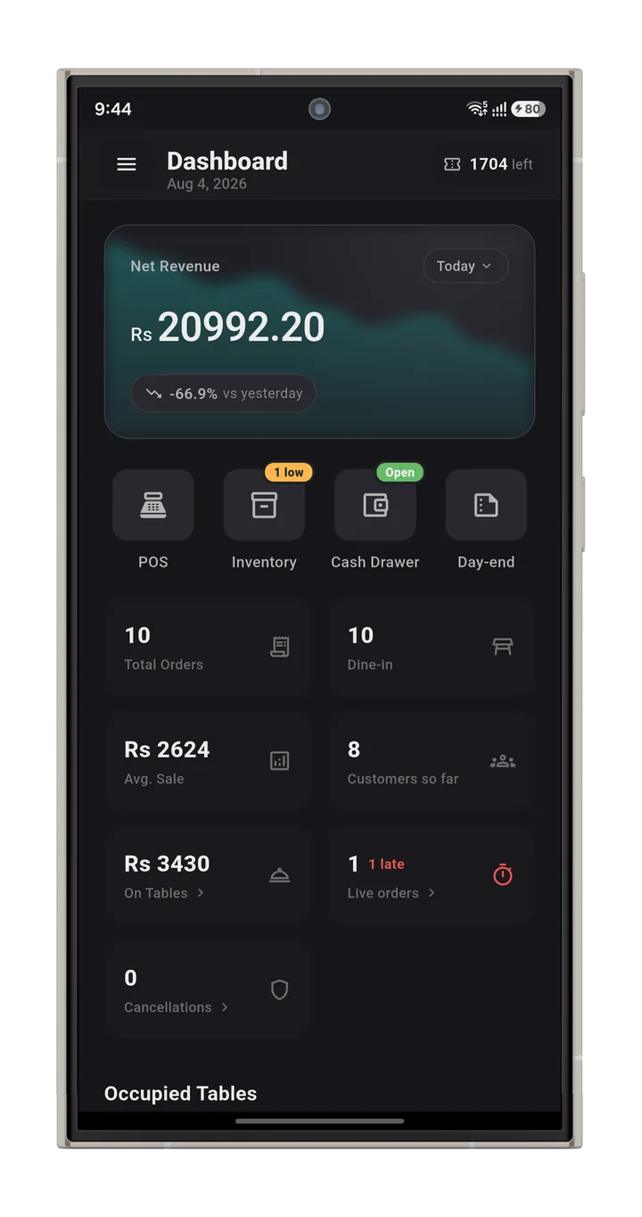 The RestroEngine home screen on a phone. It shows sales, POS, stock, cash drawer, and live orders.